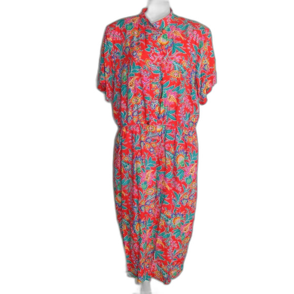 NORM THOMPSON Dress, Vintage 20, Red, Floral print, Matching Belt, Buttons - Picture 13 of 14